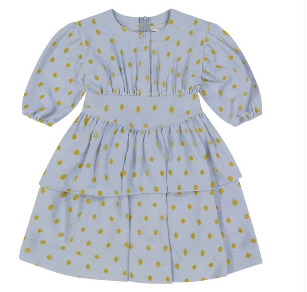 TCCLA Girls Fit & Flare Dress 12 Blue/Yellow Polka Dot Ruffle Puff Sleeve